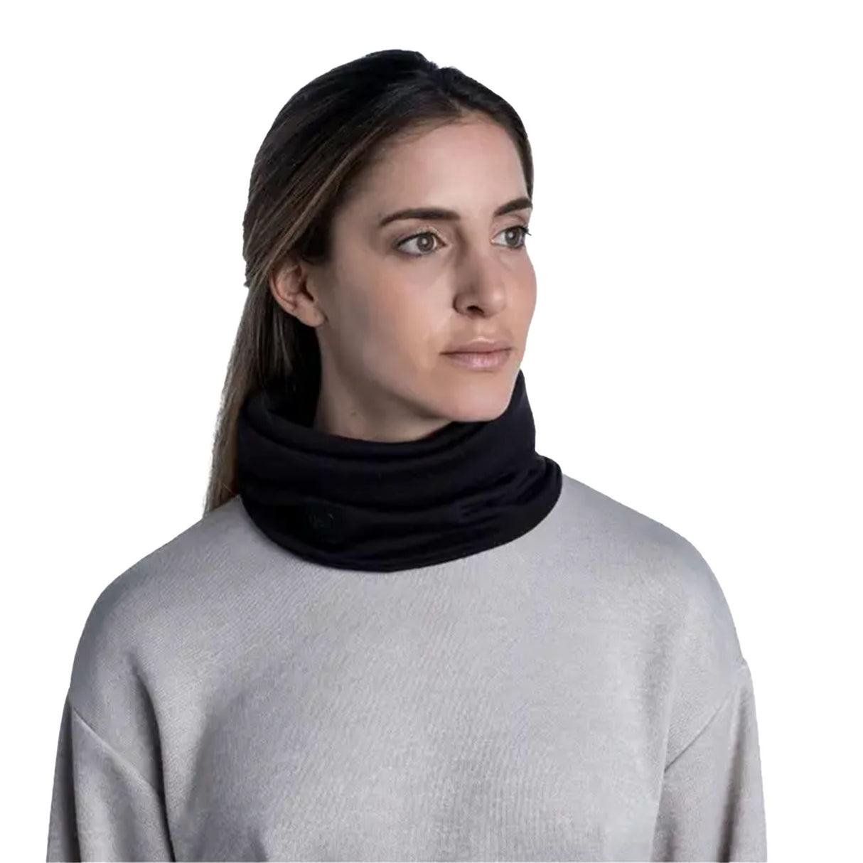 BUFF Merino Heavyweight Neck Warmer Solid Black-Multistripes Fog Grey #- 53 Degrees North