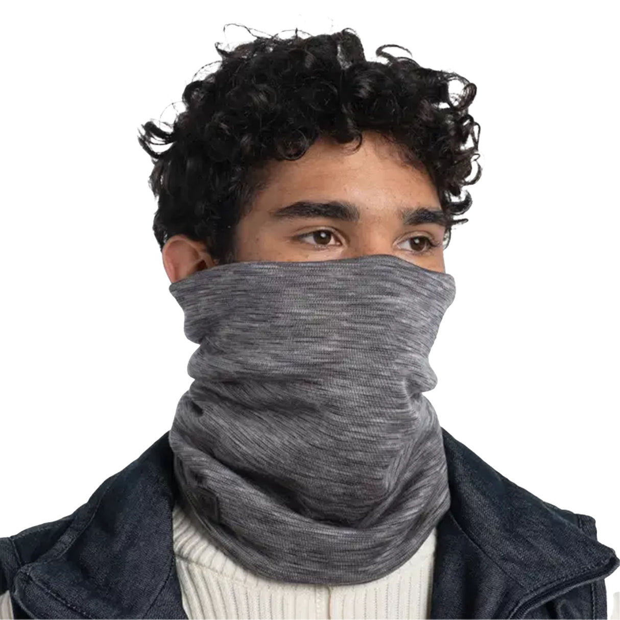 BUFF Merino Heavyweight Neck Warmer Solid Black-Multistripes Fog Grey #- 53 Degrees North