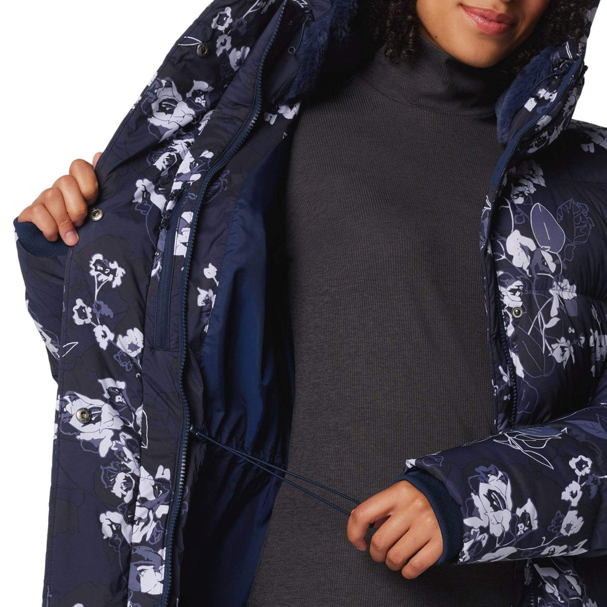 Columbia Women's Boundless Days Print Long Down Jacket Collegiate Navy Shadowvines Print / X-Small-Collegiate Navy Shadowvines Print / Small-Collegiate Navy Shadowvines Print / Medium-Collegiate Navy Shadowvines Print / Large-Collegiate Navy Shadowvines Print / X-Large #- 53 Degrees North