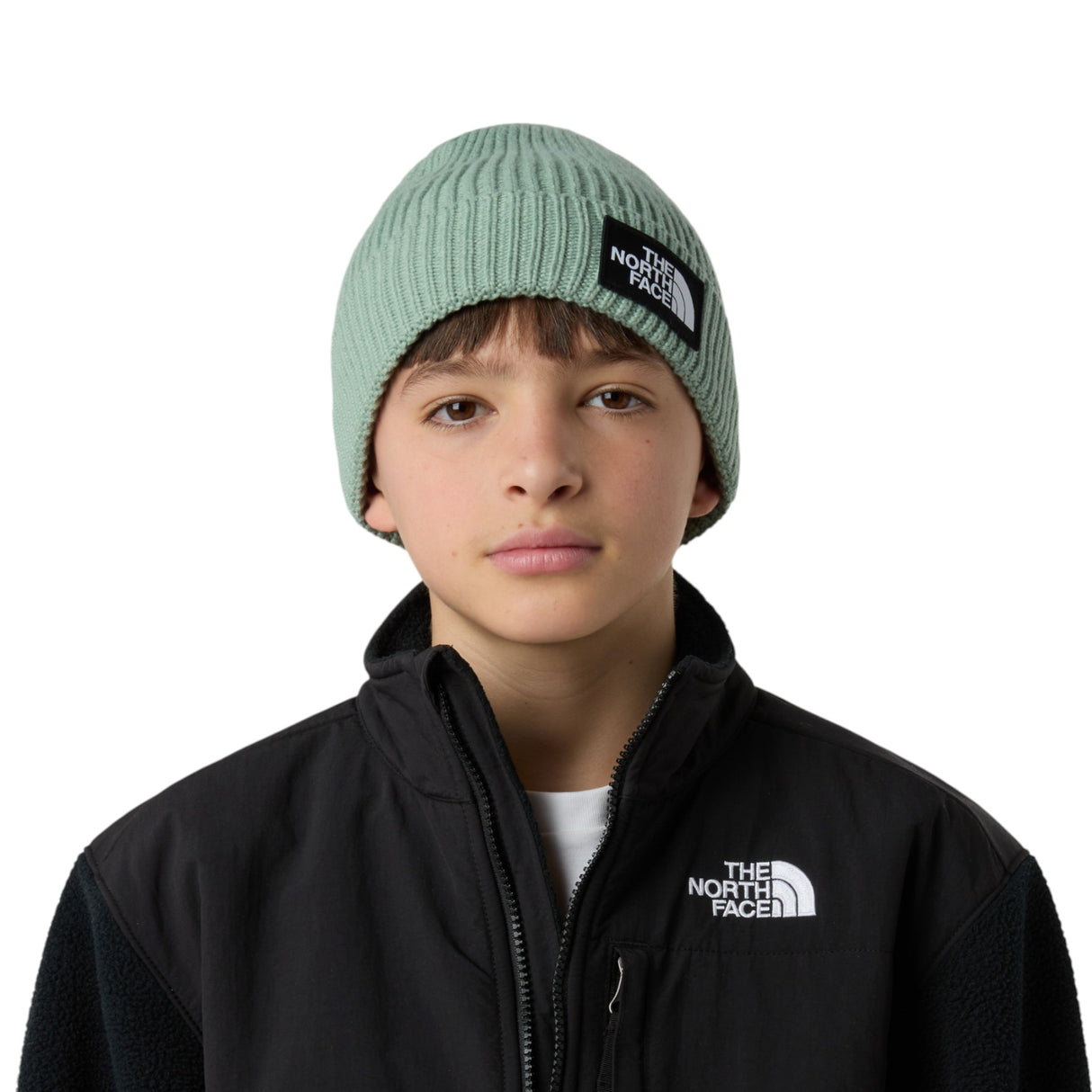 The North Face Kids' TNF Logo Box Cuffed Beanie Slate Moss-Meridian Blue/Nuptse Bear Patch-TNF Black - 53 Degrees North
