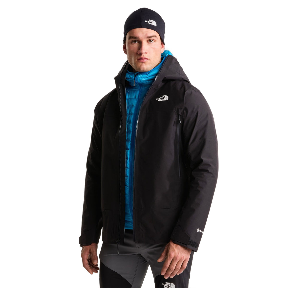 The North Face Men's Jazzi 3L GORE-TEX Jacket TNF Black on model, worn open - 53 Degrees North
