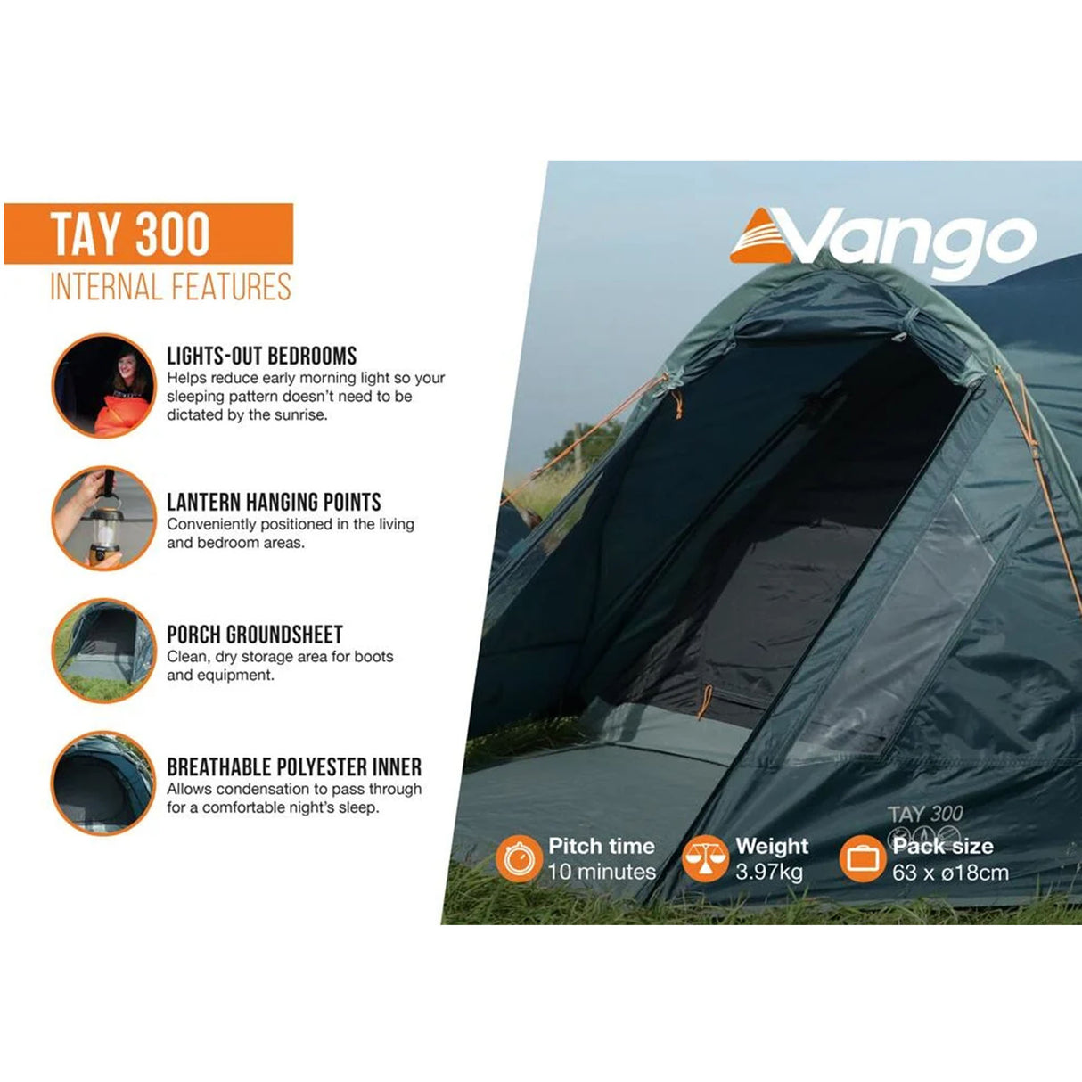 Vango Tay 300 3 Person Adventure Tent Peridot Green-Deep Blue - 53 Degrees North