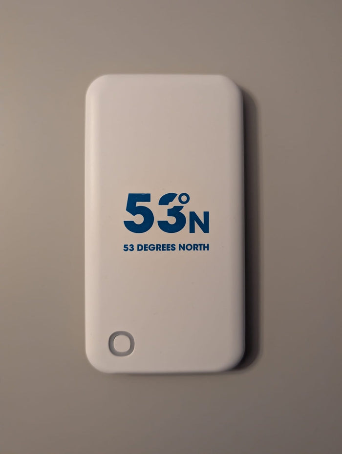 53 Degrees North logo screen printed in one colour on a white power bank