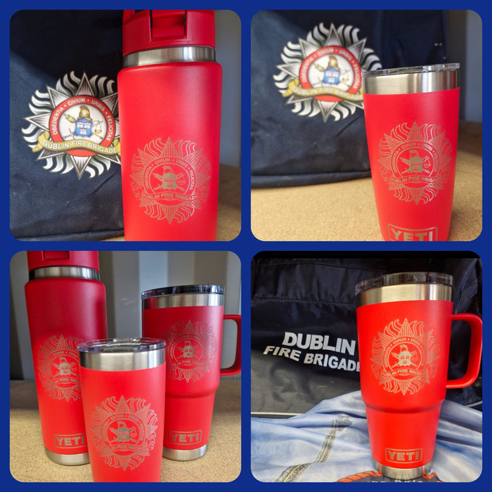 Dublin Fire Brigade crest on red YETI mugs, tumblers and bottles