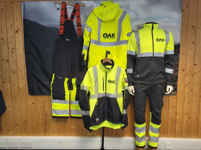 Oak Enviro logo across a range of Helly Hansen workwear and PPE