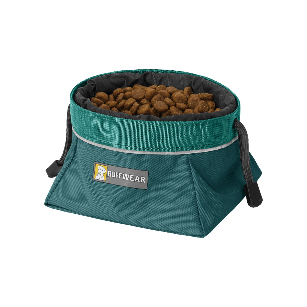 Ruffwear Quencher Cinch Top Packable Dog Bowl Tumalo Teal with kibble - 53 Degrees North