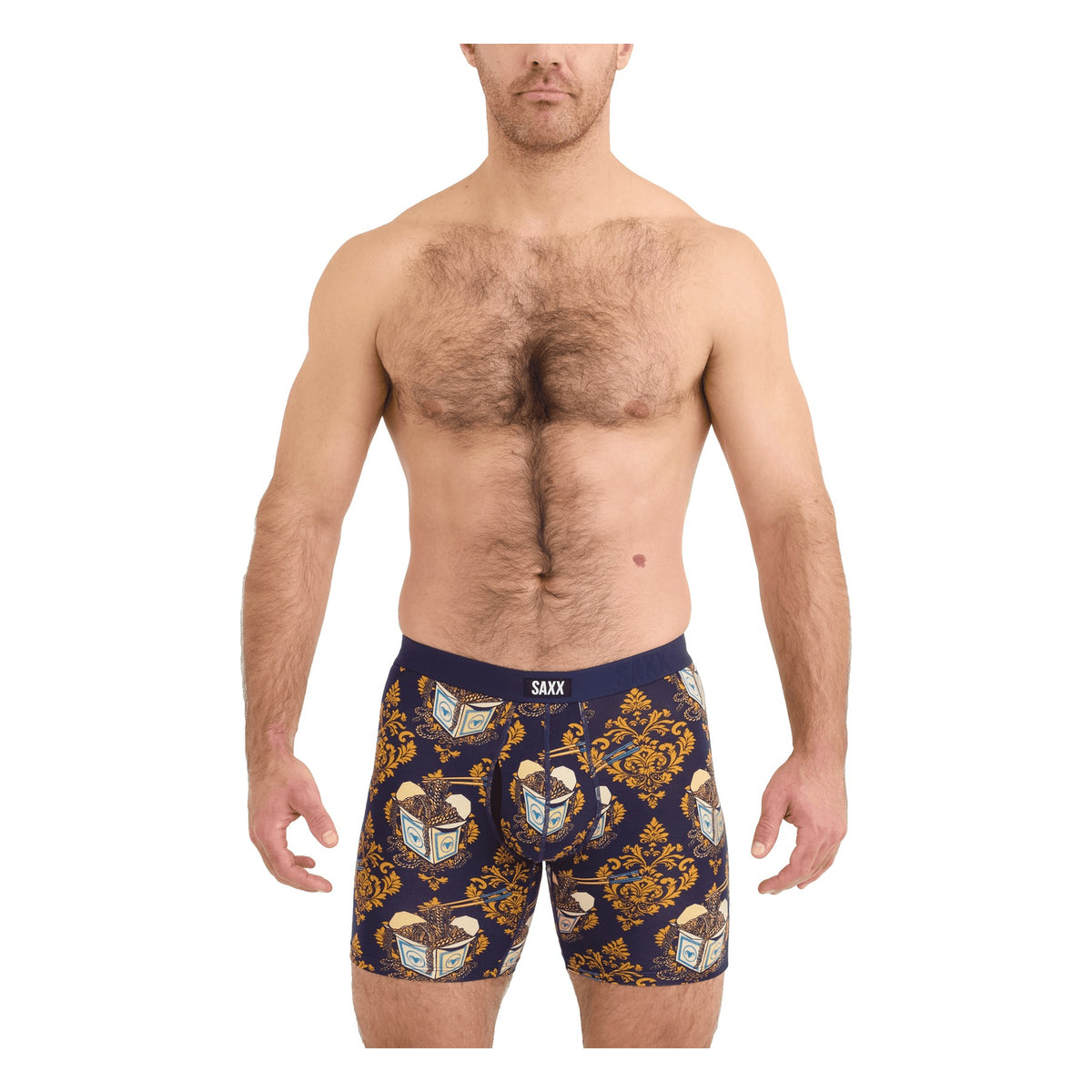 SAXX Men's Vibe Xtra Boxer Briefs Gold Chain/Maritime on model, front - 53 Degrees North