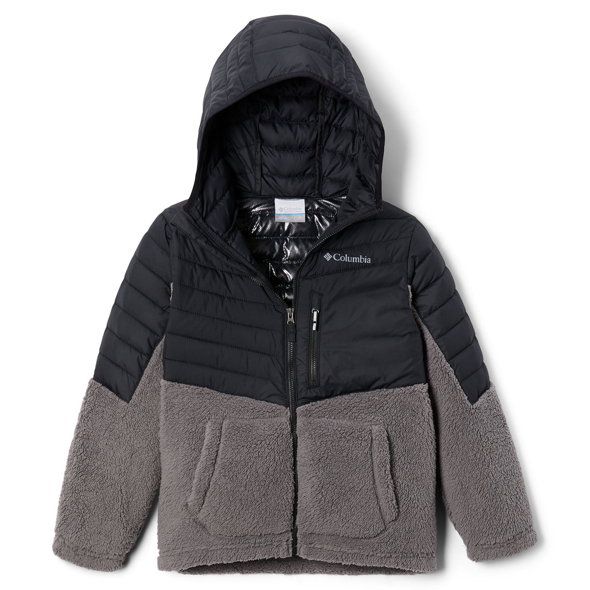 Columbia Boys' Powder Lite Novelty Hooded Jacket Black/City Grey / Age 4-5-Black/City Grey / Age 6-7-Black/City Grey / Age 8-9-Black/City Grey / Age 10-11-Black/City Grey / Age 12-13 #- 53 Degrees North