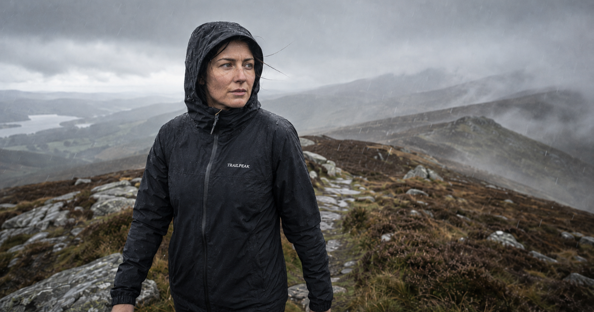 Hillwalker in a waterproof jacket on an exposed Wicklow ridge in steady rain