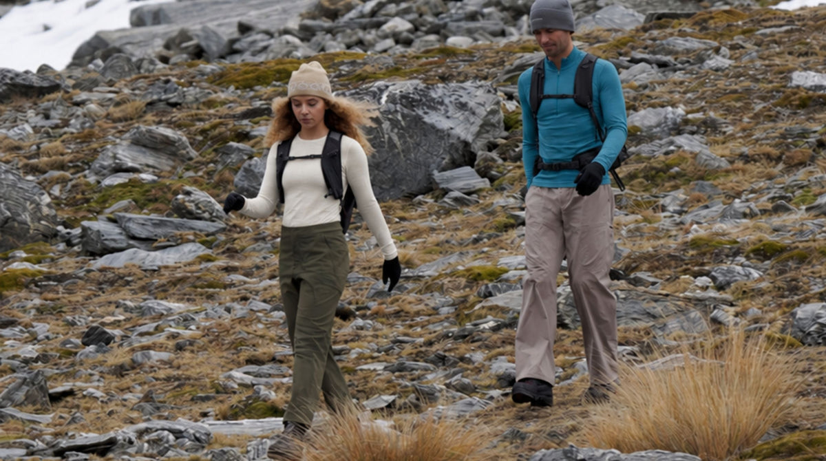 A group of people on a hike wearing base layers