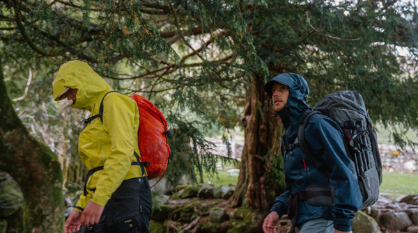 Two hillwalkers in hooded waterproof jackets and rucksacks walking under trees in the rain