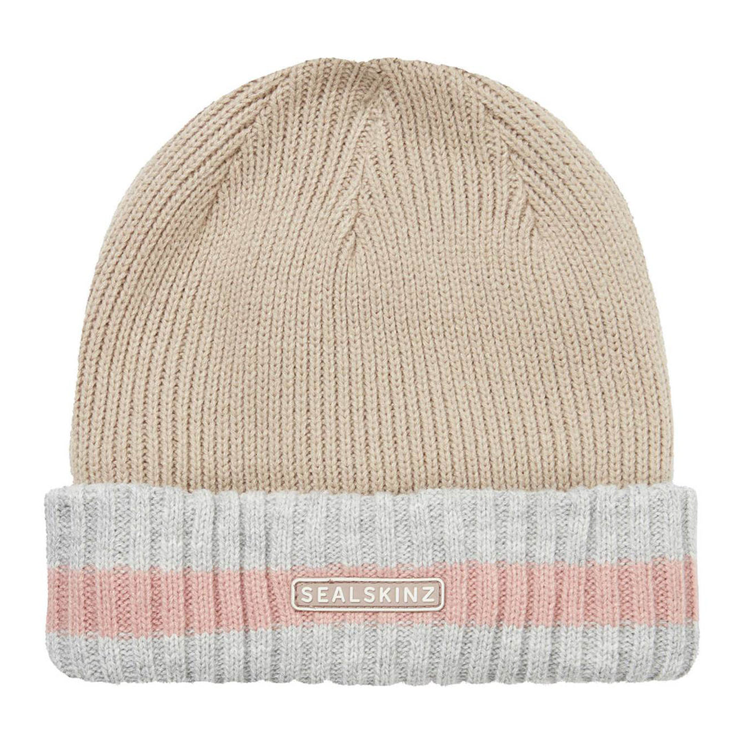 Seal Skinz Holkham Waterproof Cold Weather Striped Roll Cuff Beanie #color_brown-cream-pink