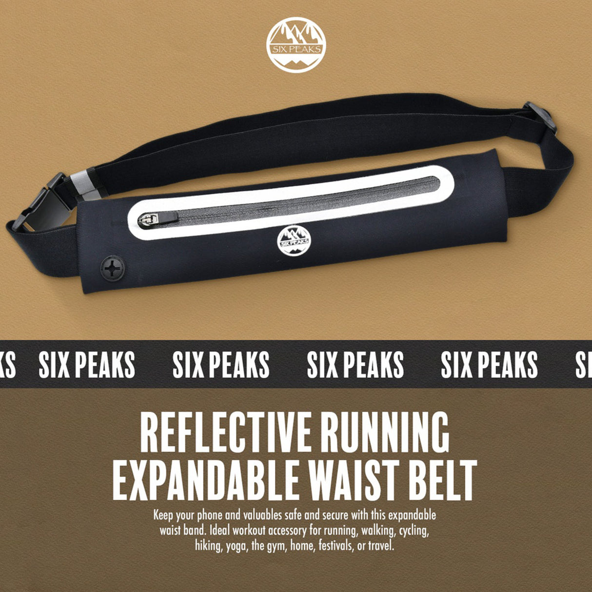 Six Peaks Reflective Running Expandable Waist Belt Black #- 53 Degrees North 