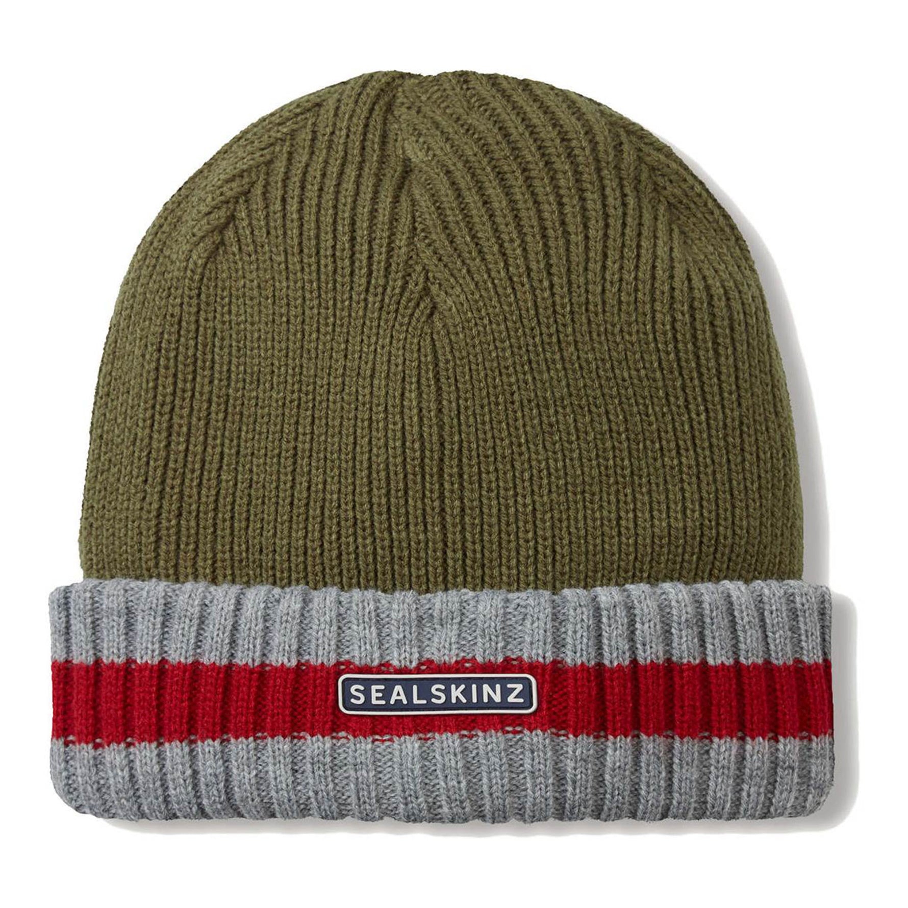 Seal Skinz Holkham Waterproof Cold Weather Striped Roll Cuff Beanie #color_olive-beige-orange