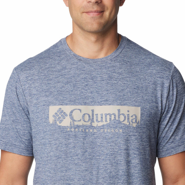 Columbia Men's Kwick Hike Graphic Short Sleeve Tee #color_collegiate-navy-heather-csc-box-treeline