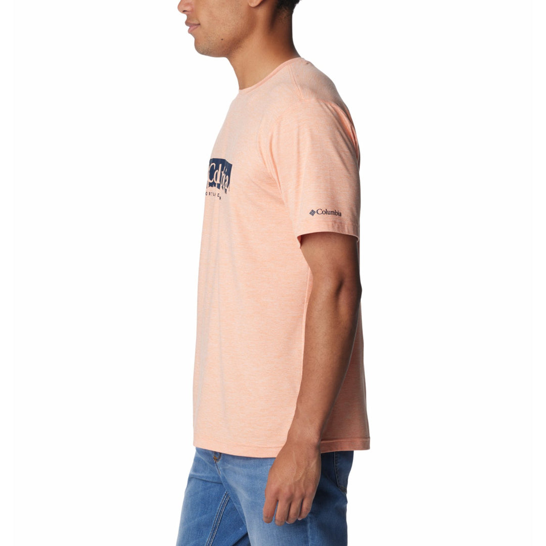 Columbia Men's Kwick Hike Graphic Short Sleeve Tee #color_apricot-fizz-heather-csc-box-treeline