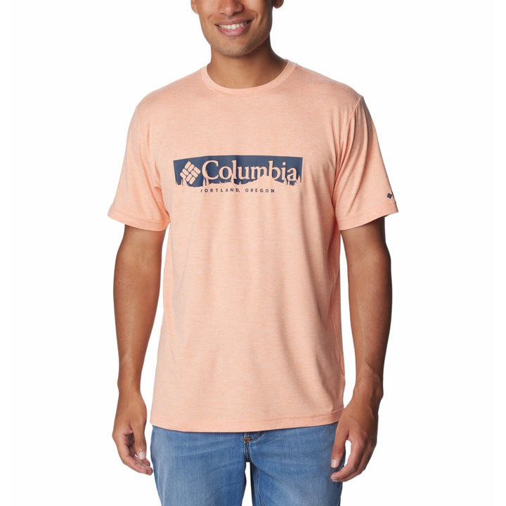 Columbia Men's Kwick Hike Graphic Short Sleeve Tee #color_apricot-fizz-heather-csc-box-treeline