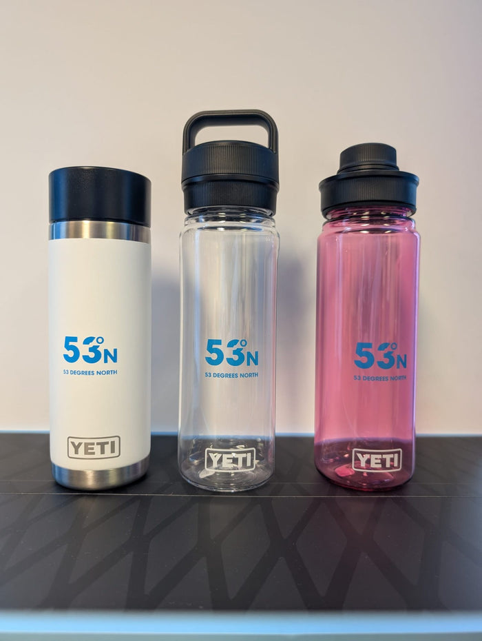 53 Degrees North logo on YETI Rambler and Yonder bottles