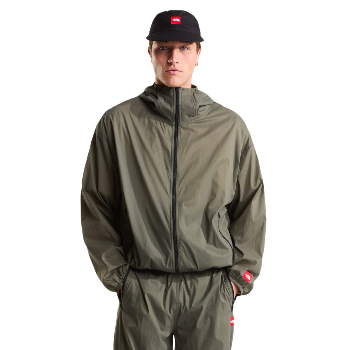 The North Face Men's TNF Red Box Packable Hooded Wind Jacket New Taupe Green / Small - 53 Degrees North