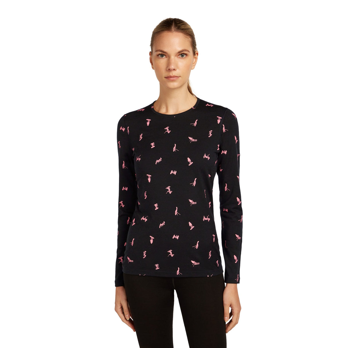 Icebreaker Women's 200 Oasis Long Sleeve Crewe Snow Day Black/Acid Pink/AOP / X-Small-Black/Acid Pink/AOP / Small-Black/Acid Pink/AOP / Medium-Black/Acid Pink/AOP / Large-Black/Acid Pink/AOP / X-Large - 53 Degrees North 