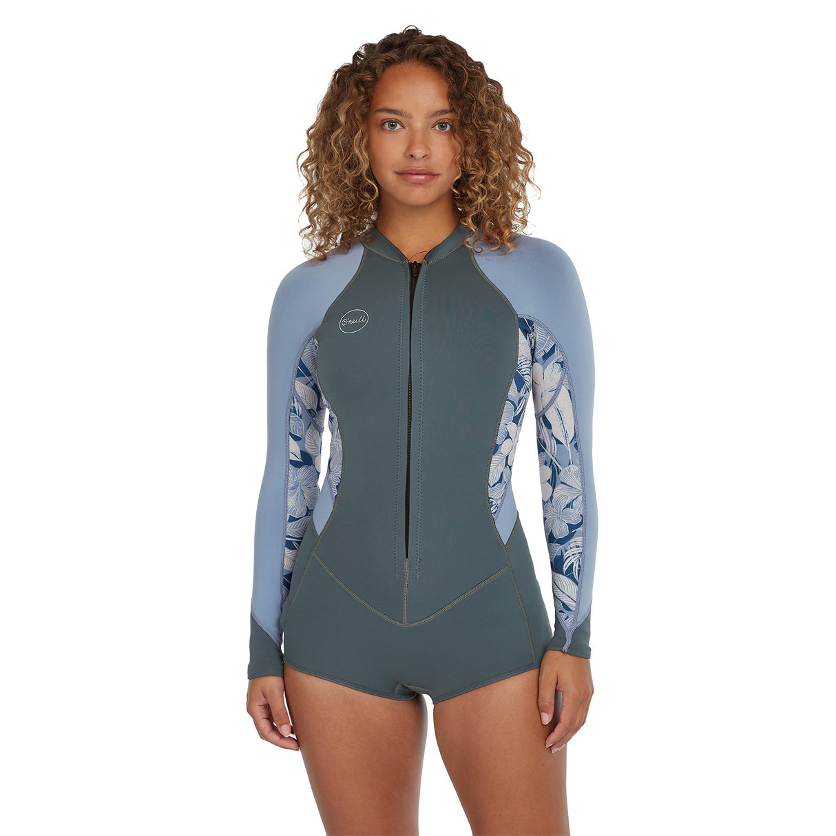 O'Neill Women's Bahia 2/1 Front Zip Long Sleeve Short Spring Shade/Palmen Trop/Faded Denim / X-Small-Shade/Palmen Trop/Faded Denim / Small-Shade/Palmen Trop/Faded Denim / Medium-Shade/Palmen Trop/Faded Denim / Large - 53 Degrees North 