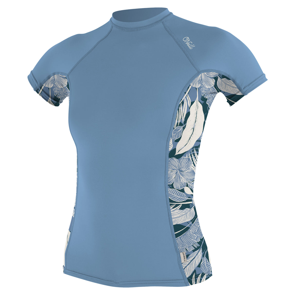 O'Neill Women's Side Print Short Sleeve Rash Guard Faded Denim/Palmento Tropical / X-Small-Faded Denim/Palmento Tropical / Small-Faded Denim/Palmento Tropical / Medium-Faded Denim/Palmento Tropical / Large-Faded Denim/Palmento Tropical / X-Large - 53 Degrees North 