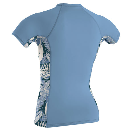 O'Neill Women's Side Print Short Sleeve Rash Guard Faded Denim/Palmento Tropical / X-Small-Faded Denim/Palmento Tropical / Small-Faded Denim/Palmento Tropical / Medium-Faded Denim/Palmento Tropical / Large-Faded Denim/Palmento Tropical / X-Large - 53 Degrees North 