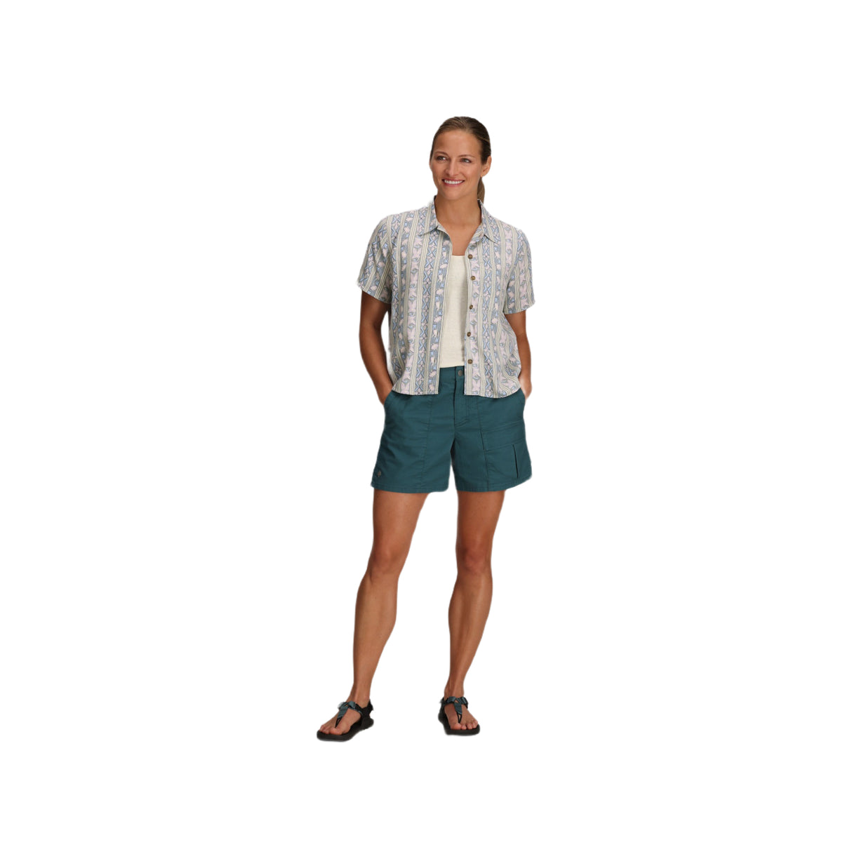 Royal Robbins Women's Camino Pucker Short Sleeve Button Shirt Sage Leaf Botanist Print / X-Small-Sage Leaf Botanist Print / Small-Sage Leaf Botanist Print / Medium-Sage Leaf Botanist Print / Large-Sage Leaf Botanist Print / X-Large - 53 Degrees North 