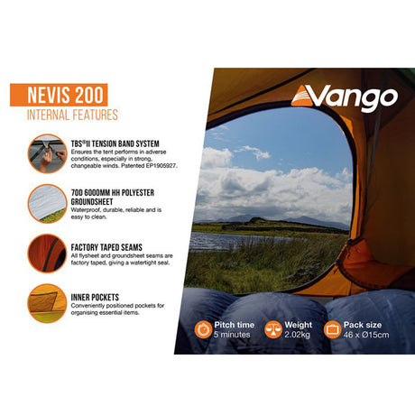 Vango Nevis 200 - 2 Person Trekking Tent Pamir Green / 2 Person - 53 Degrees North 