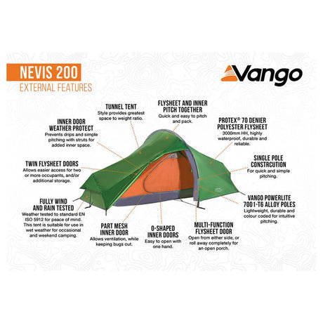 Vango Nevis 200 - 2 Person Trekking Tent Pamir Green / 2 Person - 53 Degrees North 