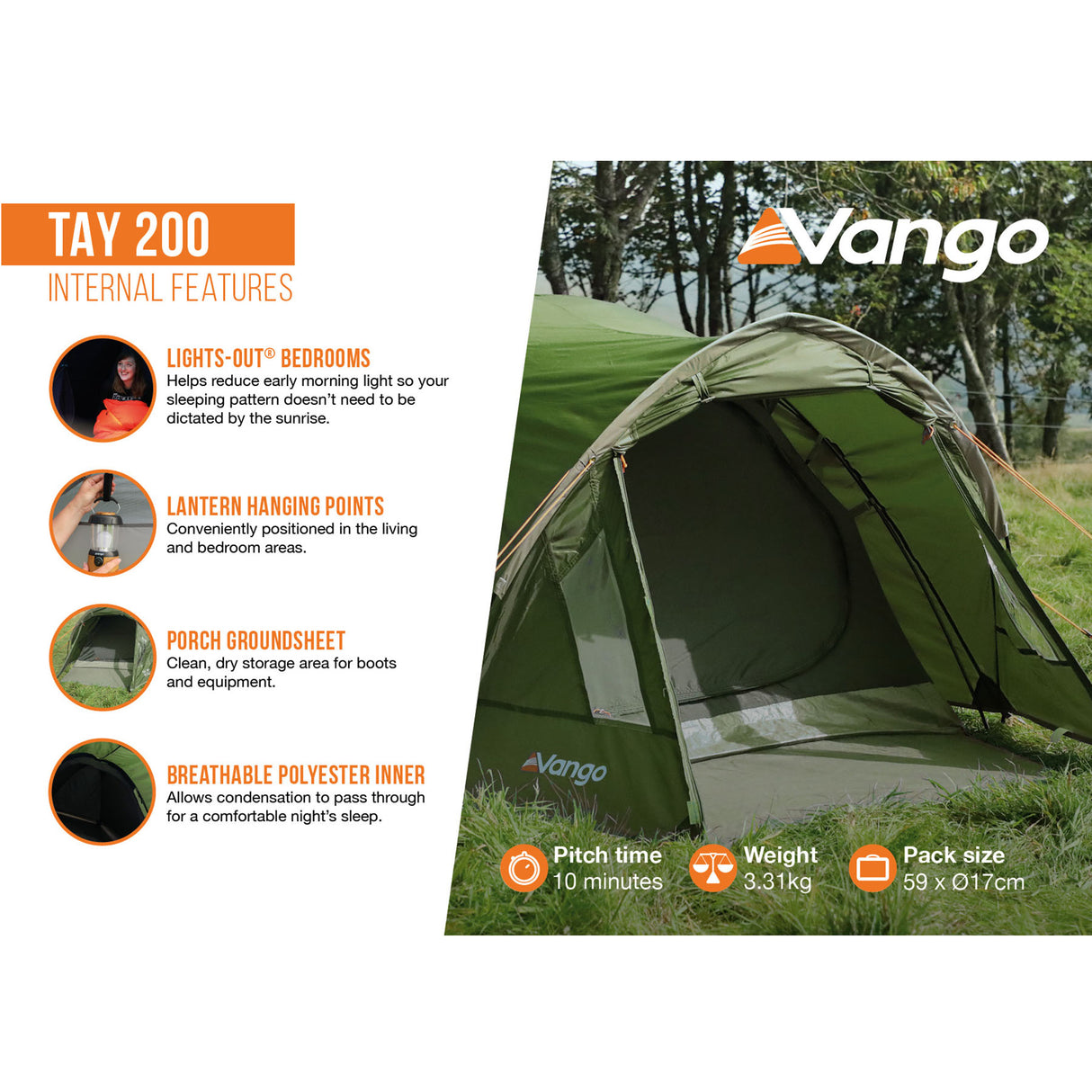 Vango Tay 200 2-Person Tent Peridot Green - 53 Degrees North