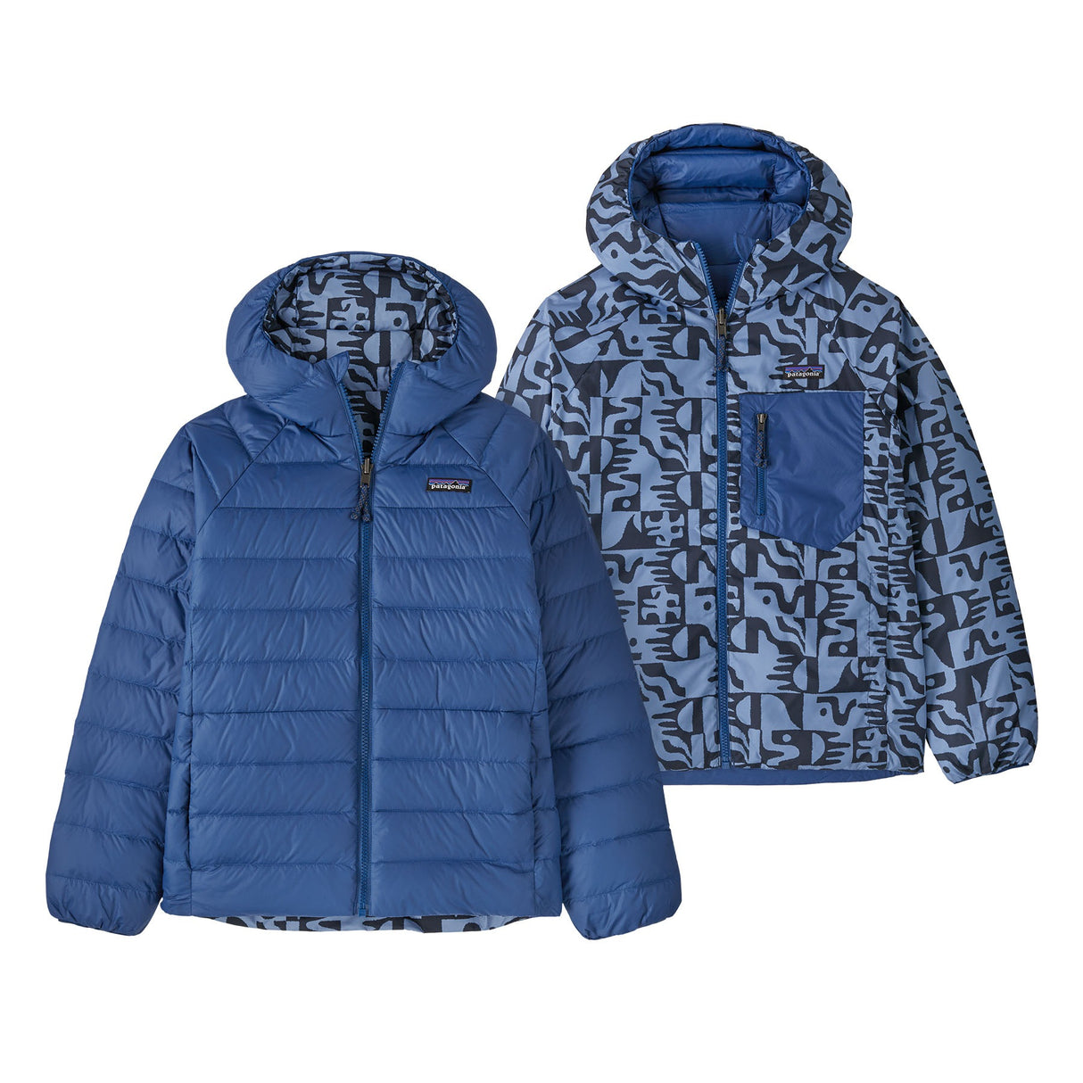 Patagonia Kids' Reversible Down Sweater Hooded Jacket Mother Tree/Sunken Blue / Age 7-8-Mother Tree/Sunken Blue / Age 9-10-Mother Tree/Sunken Blue / Age 11-12-Mother Tree/Sunken Blue / Age 13-14-Mother Tree/Sunken Blue / Age 15-16 #- 53 Degrees North 