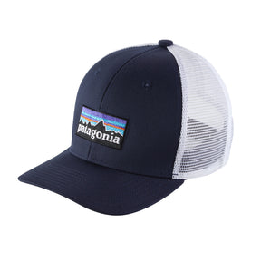 Patagonia Kids' Trucker Hat P-6 Logo/Wetland Blue-Ridge Rise Stripe/Coho Coral-P-6 Logo/Navy Blue #- 53 Degrees North 