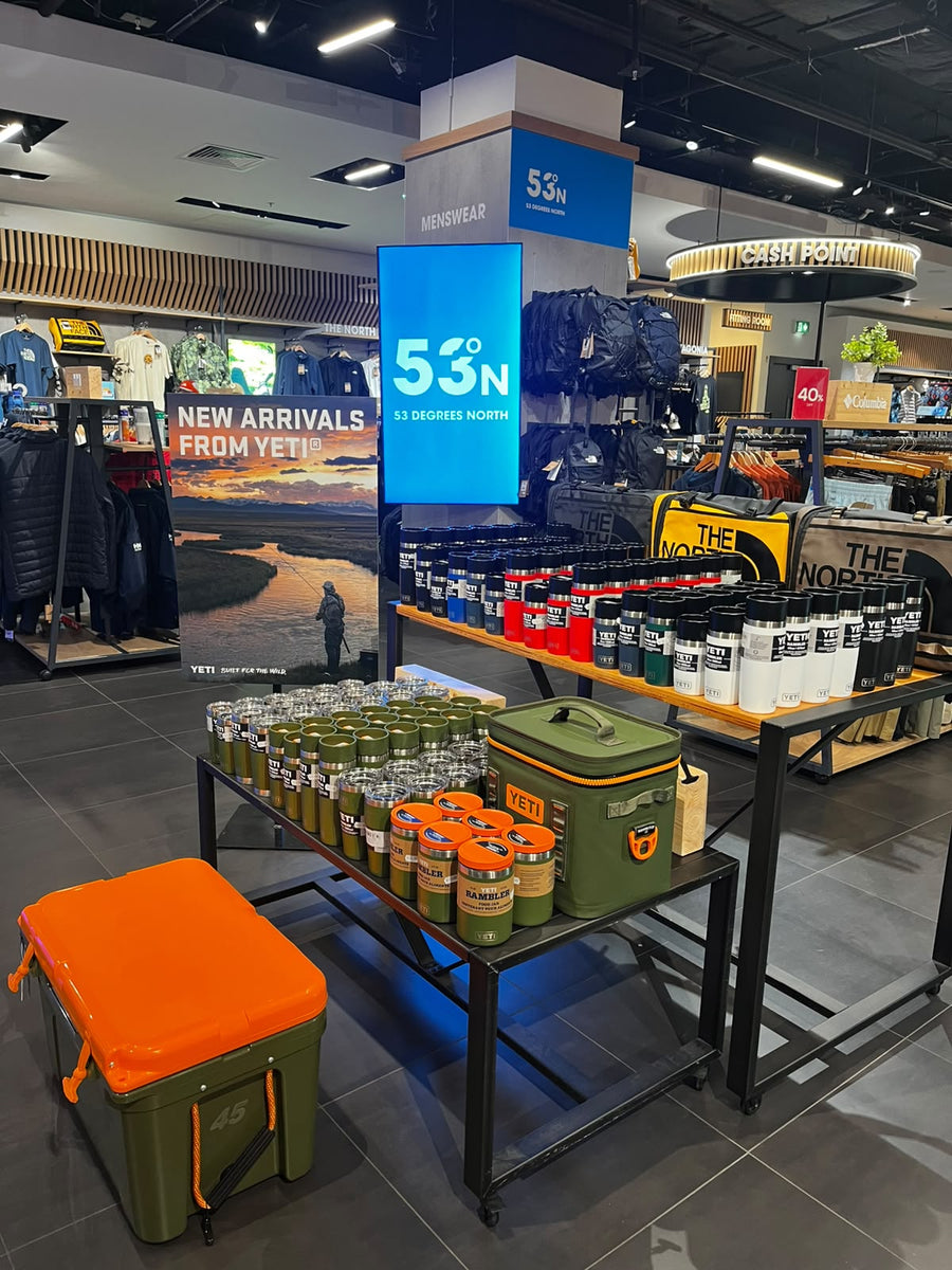 The shop floor at 53 Degrees North Arnotts, with YETI cool boxes and drinkware