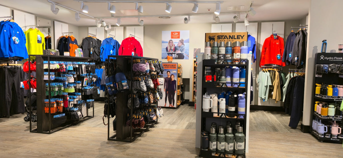 Stanley and Hydro Flask drinkware beside jackets, gloves and hats at 53 Degrees North Blanchardstown