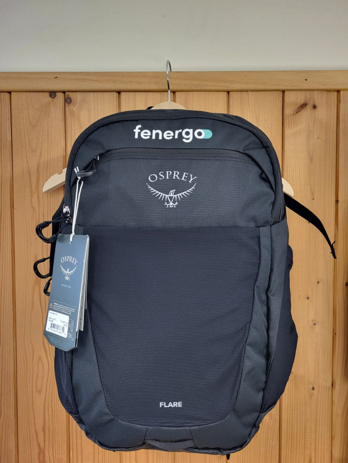 Fenergo logo on an Osprey Flare 27 backpack