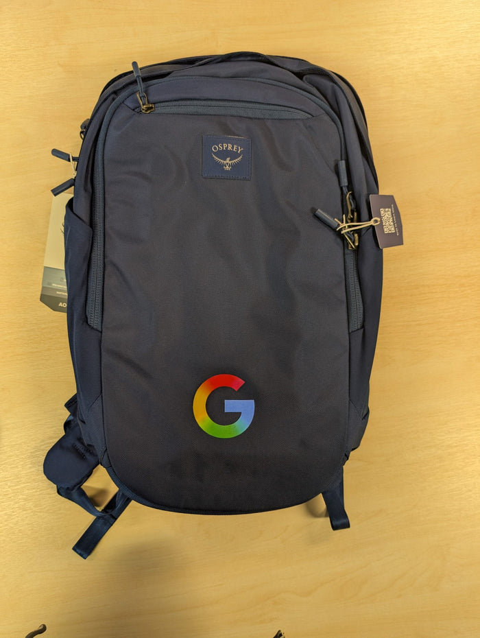 Google logo on a navy laptop backpack