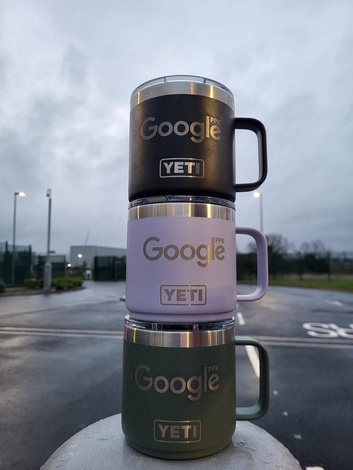 Google logo on YETI Rambler mugs in three colours