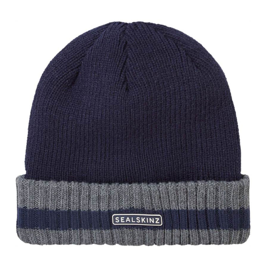 Seal Skinz Holkham Waterproof Cold Weather Striped Roll Cuff Beanie #color_navy-beige-blue