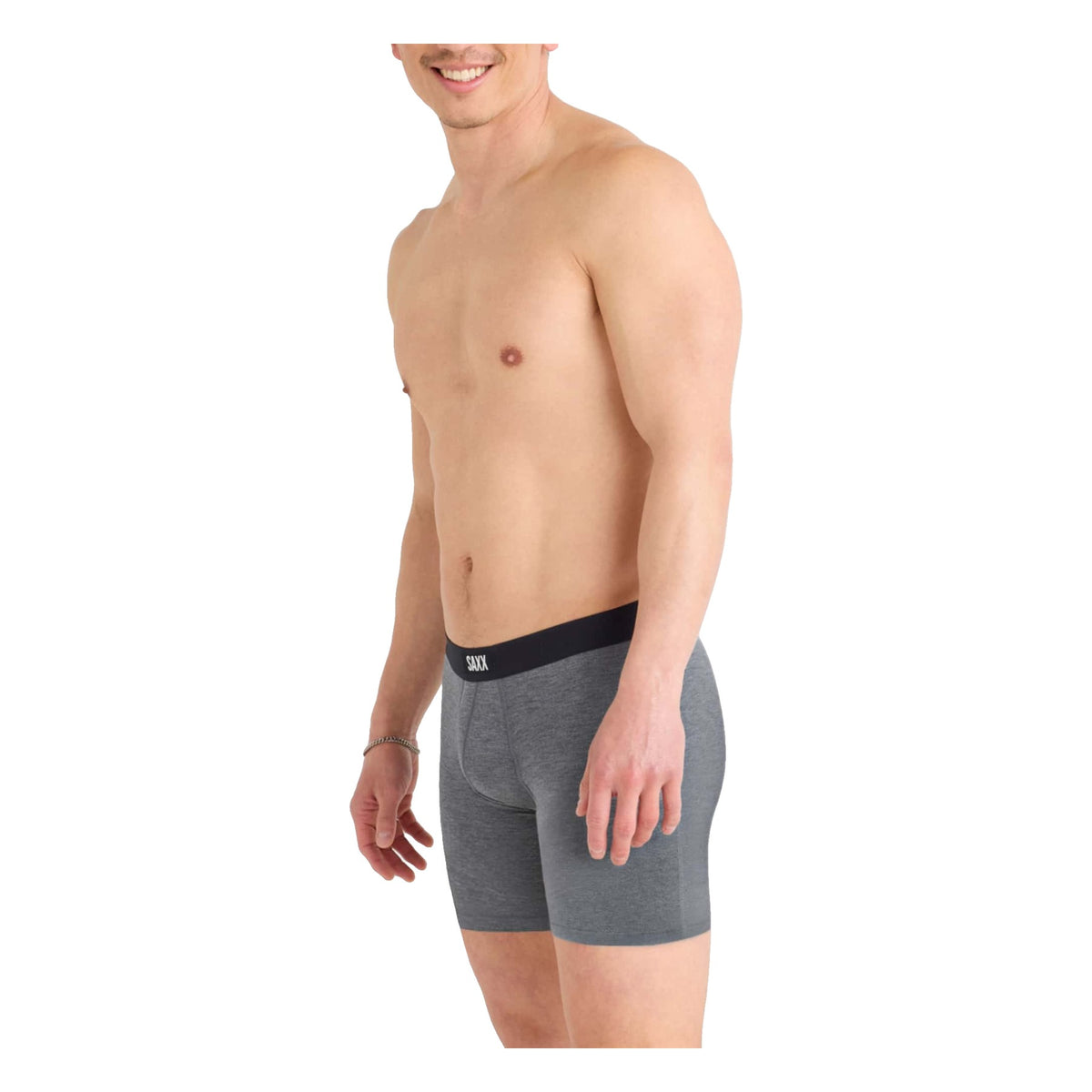 SAXX Men's Vibe Xtra Boxer Briefs Dark Grey Heather on model, front - 53 Degrees North