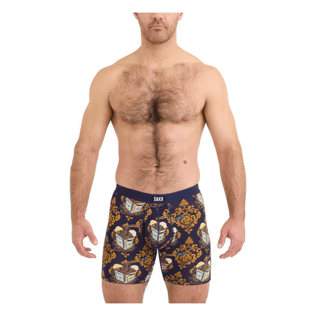 SAXX Men's Vibe Xtra Boxer Briefs Gold Chain/Maritime on model, front - 53 Degrees North