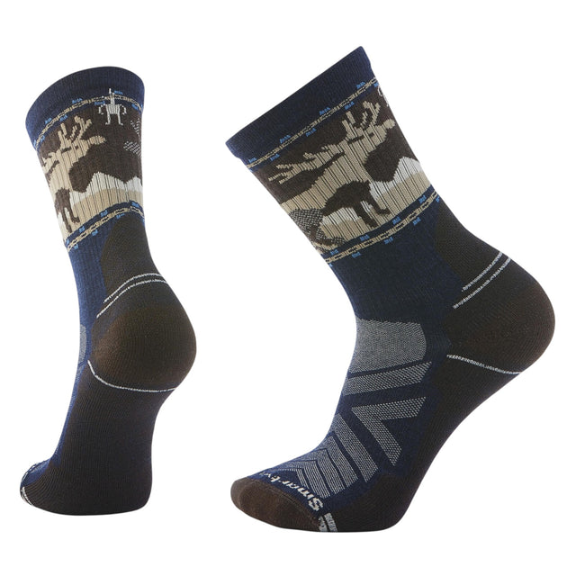 Smartwool Men's Hike Light Cushion Mountain Moose Crew Socks Deep Navy / Large (UK 8-10.5) #- 53 Degrees North 