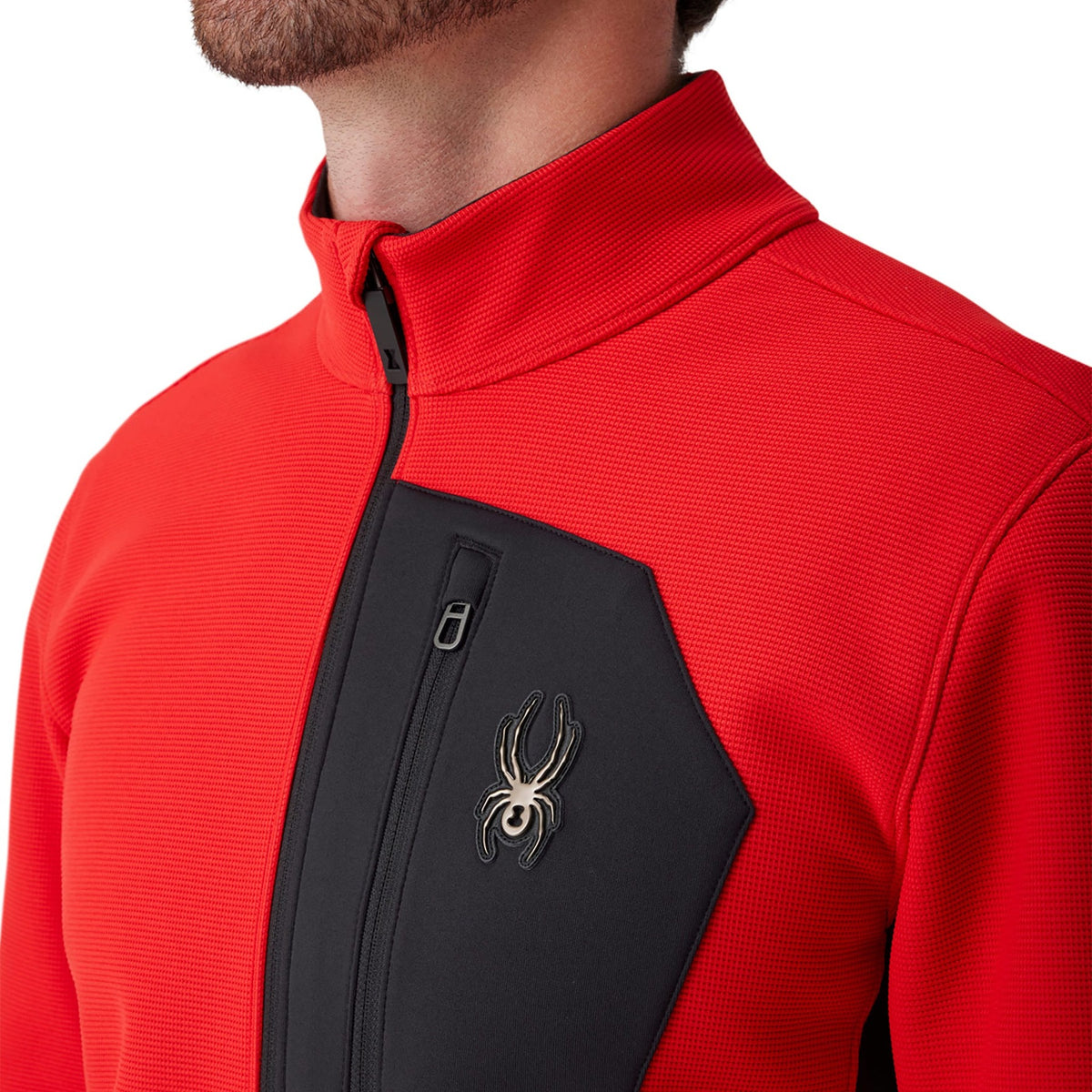 Spyder Men's Bandit Half Zip Jacket Spyder Red, on model, close-up - 53 Degrees North