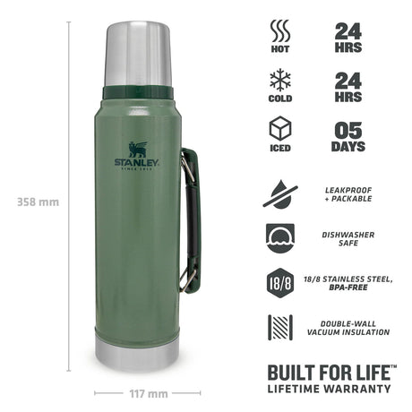 Stanley Classic Legendary Bottle 1.0L Hammertone Green-Matte Black Pebble-Blaze Orange #- 53 Degrees North 
