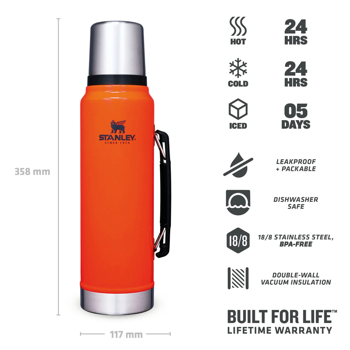 Stanley Classic Legendary Bottle 1.0L Hammertone Green-Matte Black Pebble-Blaze Orange #- 53 Degrees North 